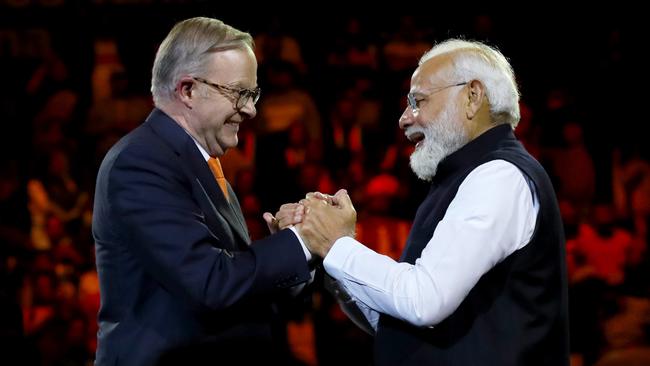 Anthony Albanese and Narendra Modi greet each other during an Indian community event in Sydney in May. Picture: Getty Images