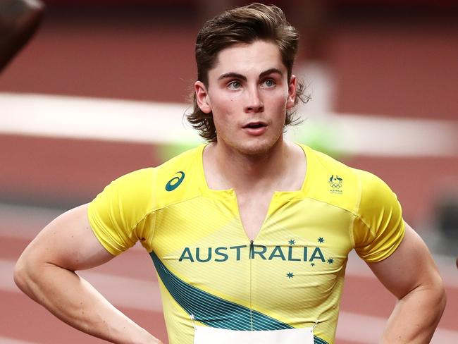 TOKYO, JAPAN - AUGUST 01: Rohan Browning of Team Australia and Shaun Maswanganyi of Team South Africa react after competing in the Men's 100m Semi-Final on day nine of the Tokyo 2020 Olympic Games at Olympic Stadium on August 01, 2021 in Tokyo, Japan. (Photo by Ryan Pierse/Getty Images)