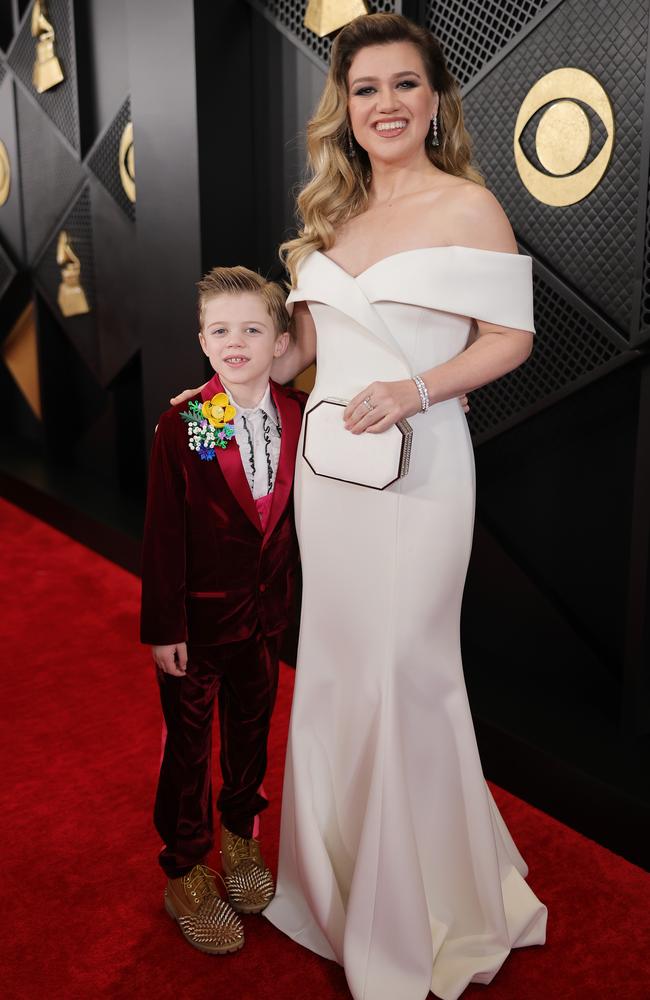 Clarkson looking better than ever at the Grammy Awards in February with son Remington. Picture: Neilson Barnard/Getty Images