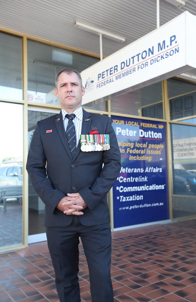 Captain Jason Scanes maintained a one-man daily protest outside Peter Dutton’s electorate office. Picture: Annette Dew