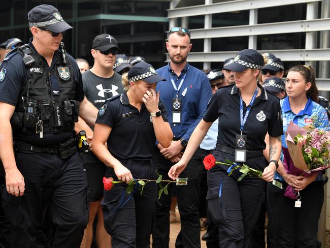 Memorial police service for Constable Matthew Arnold and Constable Rachel McCrow at Townsville Police Station. (FIRST 3 FROM LEFT IN FRONT) Constable Glenn Templeton and Constable Bree Lochyear, who went through Police Academy with Rachel, Constable Dakotah Camin who knew Matthew. Picture: Evan Morgan