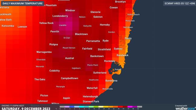 Daily maximum temperature in NSW on Saturday, with the mercury set to climb to 42C in the west of Sydney. Picture: WeatherZone