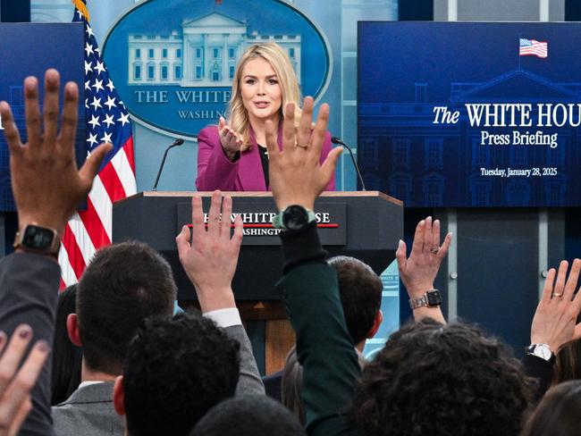 Karoline Leavitt takes questions during her first official daily briefing at the White House in Washington, DC. Picture: Roberto Schmidt/AFP