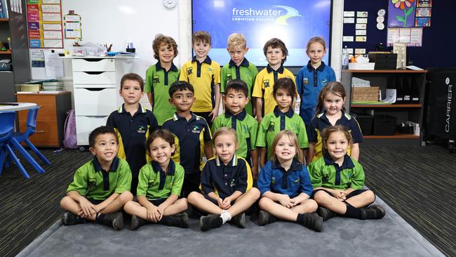 My First Year 2025 - Freshwater Christian College Prep Class PL. From back row: Arthur, Eli, Flynn, Pax, Tiana, Maxwell, Adam, Sho, Ava, Paisley, Max, Shelby, Ruby, Ava, Marnie. Picture: Brendan Radke