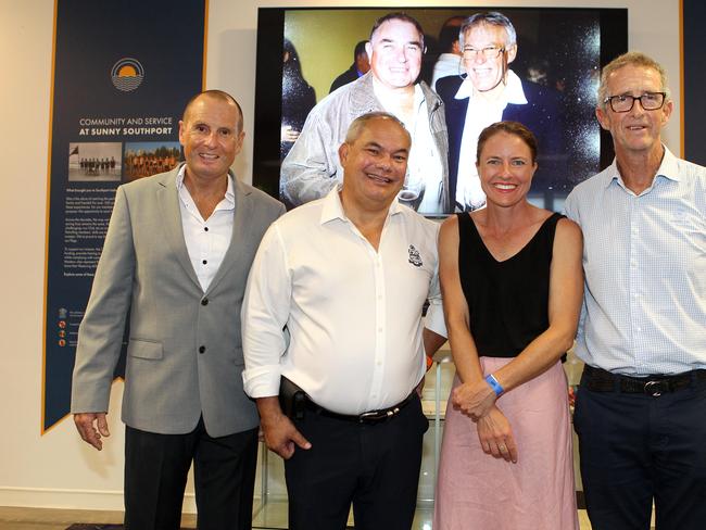 Southport SLSC 100th birthday celebrations.(L-R) Club president Greg Foster, Mayor Tom Tate, Julia Allison (curator) and president SL Qld Gerard OÃBrien in front of George Suttle life member and Roger Griffiths (club patron) both passed away this year.19 October 2024 Main Beach Picture by Richard Gosling