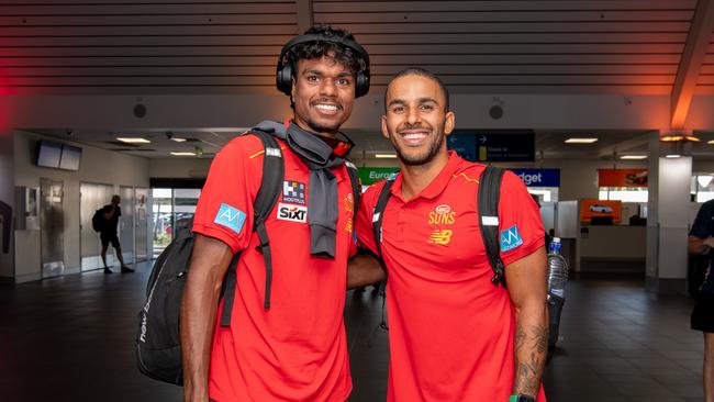Lloyd Johnston and Touk Miller as the Gold Coast Suns land in Darwin for their AFL double header. Picture: Pema Tamang Pakhrin