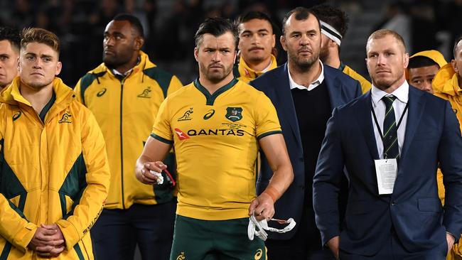 Coach Micheael Cheika with the Wallabies players after the defeat. Picture: AAP