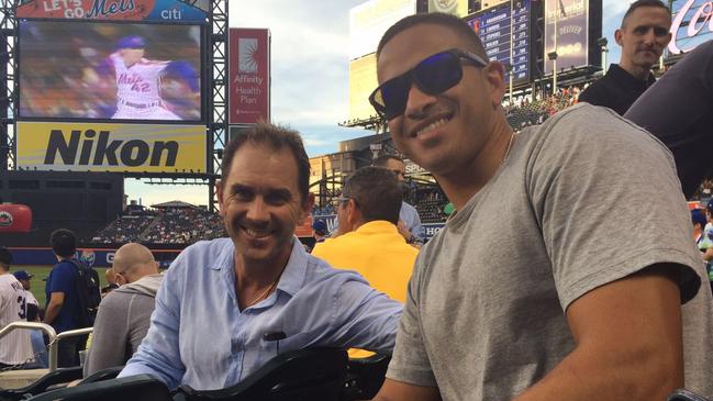 Australian cricketer Usman Khawaja with Justin Langer at the New York Mets batting practice