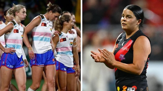 The Dogs and Bombers react after the heavy loss. Photos: Getty Images