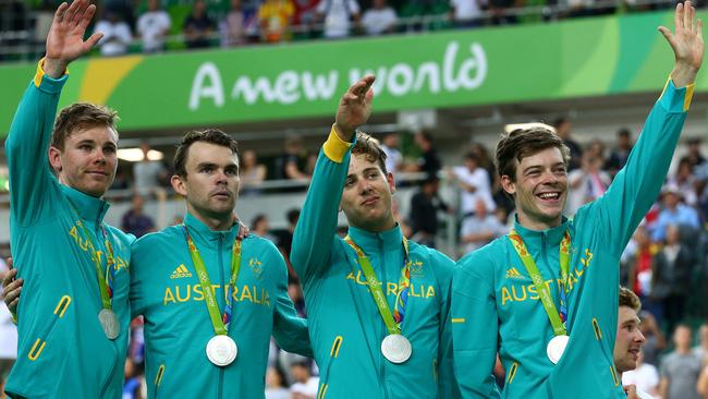 Jack Bobridge, second from left, on the podium at the Rio Olympics after Australia won a silver medal in the men’s team pursuit. Picture: Adam Head.