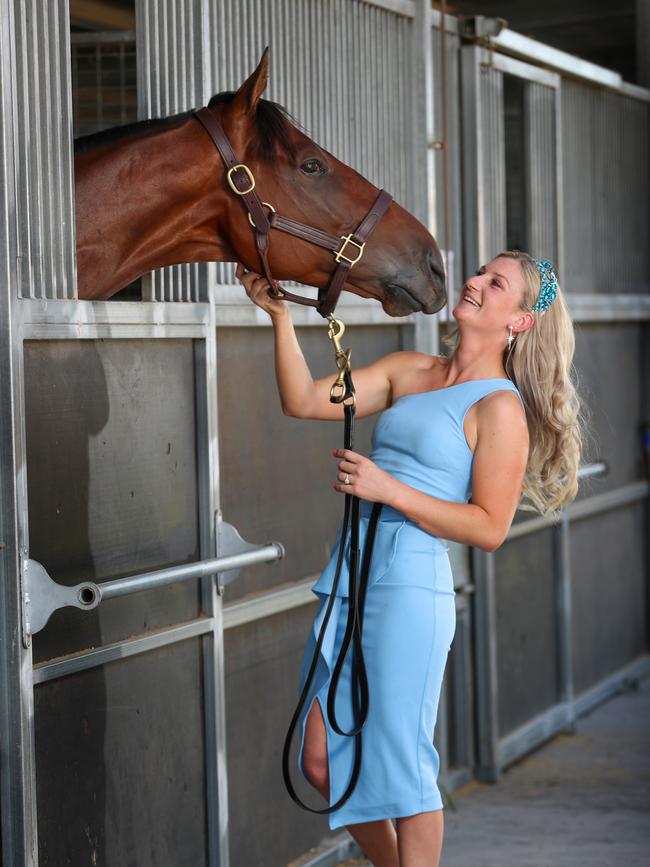 Kah with Mr Quikie, who she’ll ride in the All Star Mile in March. Picture: Alex Coppel.