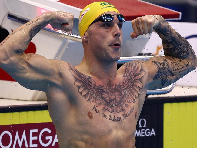 FUKUOKA, JAPAN - JULY 27: Kyle Chalmers of Team Australia celebrates winning gold in the Men's 100m Freestyle Final on day five of the Fukuoka 2023 World Aquatics Championships at Marine Messe Fukuoka Hall A on July 27, 2023 in Fukuoka, Japan. (Photo by Clive Rose/Getty Images)