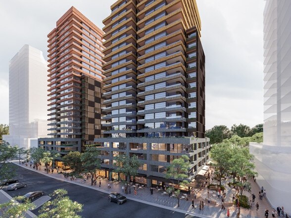 Artist's impressions for seniors' village planned for 15-17 And 25-27 Blaxland Rd and 440-442 Concord Rd, Rhodes. Mixed use proposal for seniors housing, shop top housing, commercial development, and fire station across two towers (south 17 storeys and north 21 storeys) on a shared podium and basement parking.