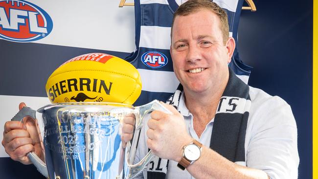 Geelong’s Steve Johnson with the 2022 AFL Premiership Cup. Picture: Mark Stewart