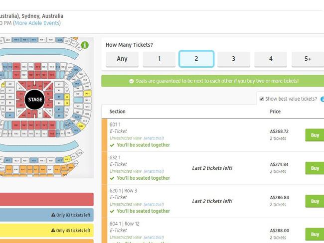 Adele tickets are being offered on the Viagogo website at inflated prices.