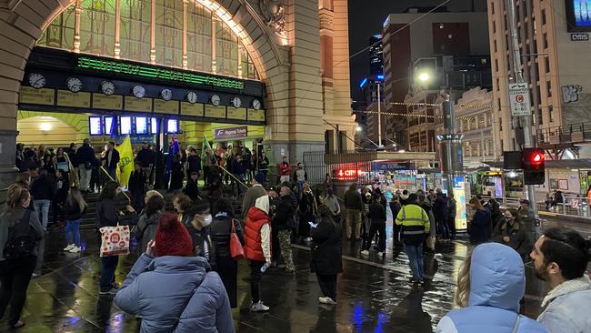 An anti-lockdown protest at Melbourne’s Flinders Street station. Picture: Angelica Snowden