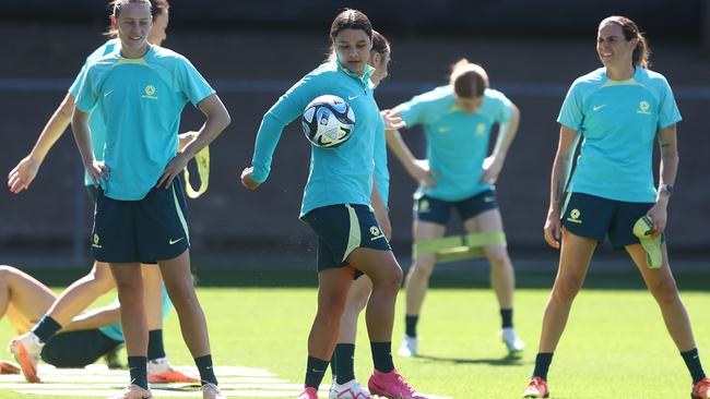 Sam Kerr at Matildas training on Friday (Photo by Chris Hyde/Getty Images)