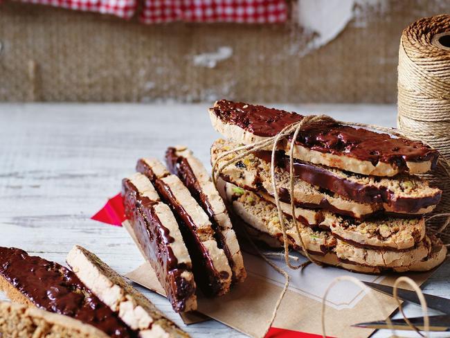 Dark chocolate, sour cherry and pistachio biscotti.