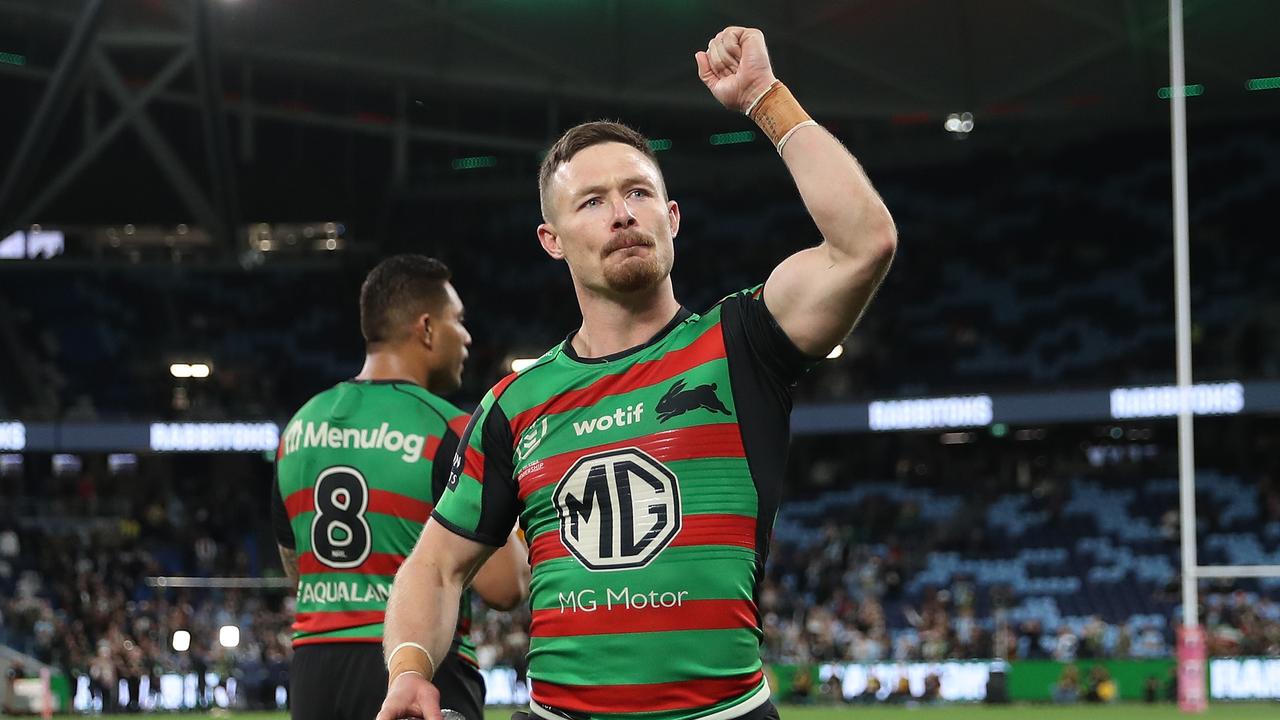SYDNEY, AUSTRALIA - SEPTEMBER 17: Damien Cook of the Rabbitohs celebrates winning the NRL Semi Final match between the Cronulla Sharks and the South Sydney Rabbitohs at Allianz Stadium on September 17, 2022 in Sydney, Australia. (Photo by Brendon Thorne/Getty Images)