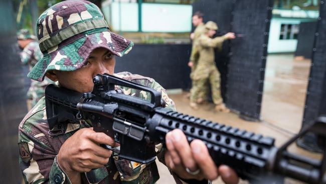 Philippine soldiers during urban combat training with Australian Army soldiers in the Philippines in 2017. Picture: Supplied