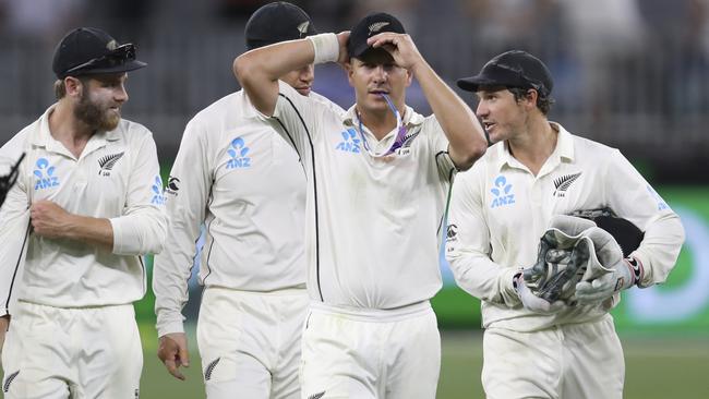 New Zealand's Neil Wagner leads the Kiwis off the field after day three. Picture: AP