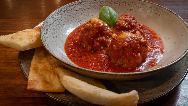 Rimini’s meatballs with pizza bread. Picture: Tim Bradley