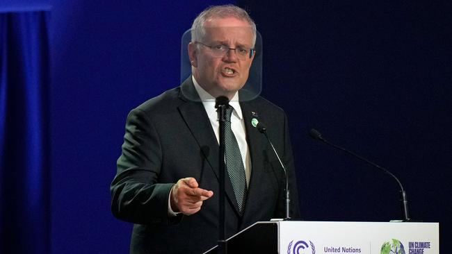 Prime Minister Scott Morrison presents his national statement as part of the World Leaders' Summit of the COP26 UN Climate Change Conference in Glasgow.