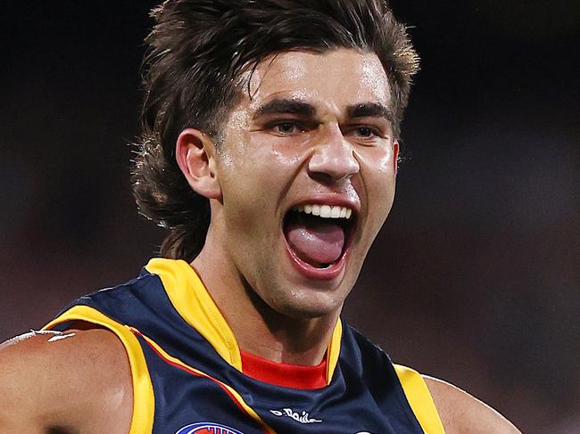 MELBOURNE . 13/04/2023.  AFL . Round 5. Gather Round. Adelaide vs Carlton at the Adelaide Oval.  Josh Rachele of the Crows celebrates a 1st quarter goal  . Pic: Michael Klein