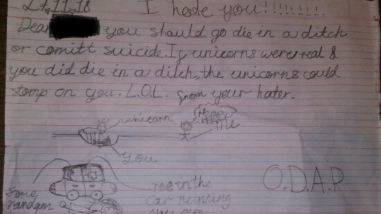 The death threat given to the 11-year-old schoolgirl. Picture: supplied