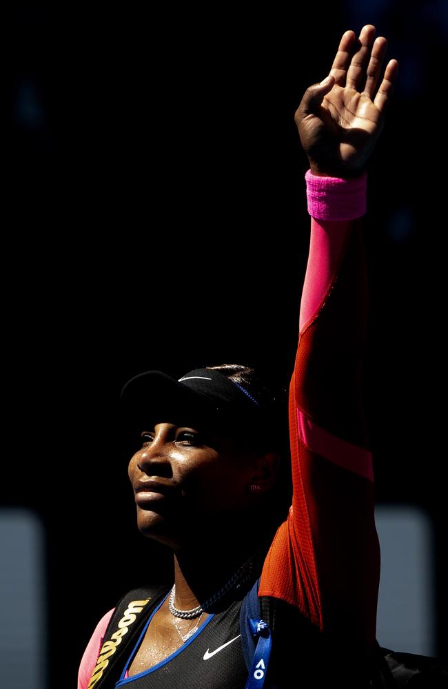 Serena Williams waves goodbye to the crowd following her defeat against Naomi Osaka in the semis of the 2021 Australian Open – a match that would prove to be her last in Australia. (Photo by Cameron Spencer/Getty Images)