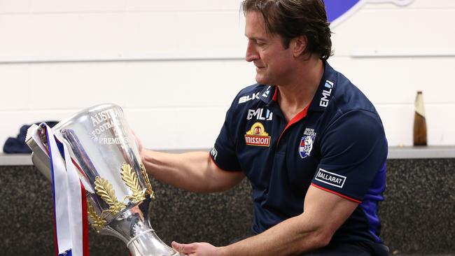 Luke Beveridge with the premiership cup. Picture: Michel Klein