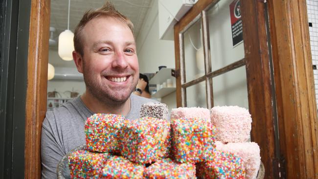 Tokyo Lamingtons Owner Eddie Stewart with some of the delicious creations. Picture: David Swift