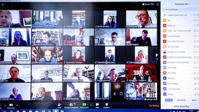 A screen relaying a Zoom video conference as UK Prime Minister Boris Johnson, top left, chairs a teleconferencing sessions with ministers of his Cabinet. Picture: Pippa Fowles/10 Downing Street/AFP