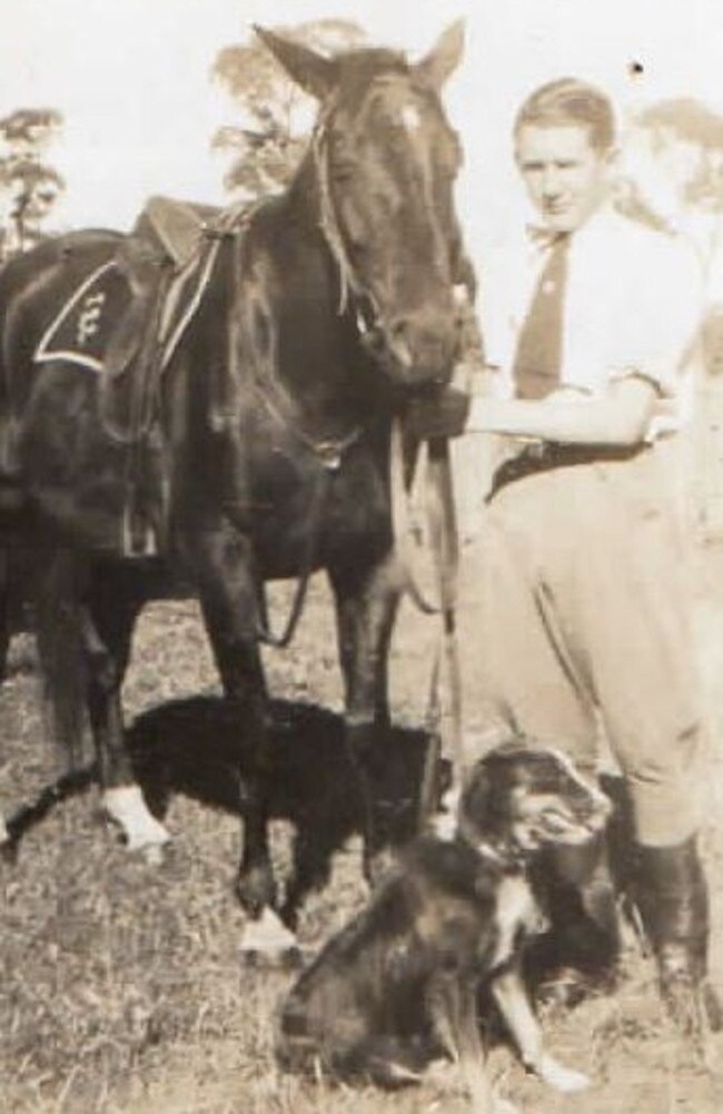 Peter with beloved horse Gleam and the dogs.