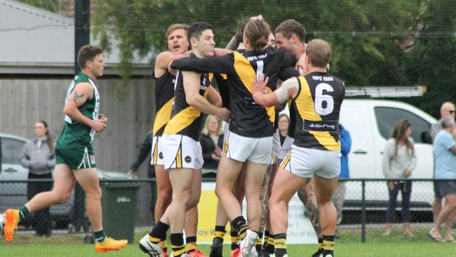 Mitcham players celebrate a goal on Saturday. Picture: Mitcham FC