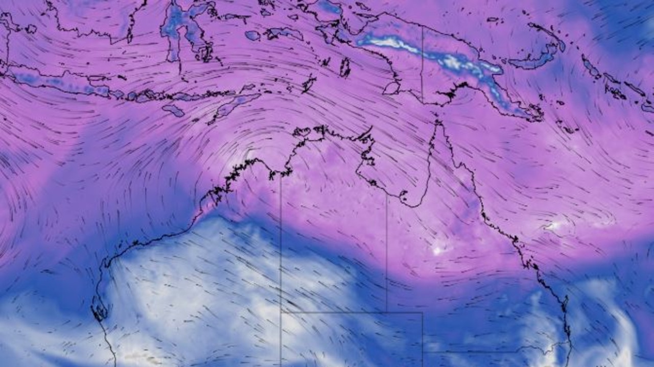 Modelled precipitable water and 850hPa winds, showing moisture-laden north-westerly winds flowing over the Top End and northern Queensland on Friday. Picture: Weatherzone