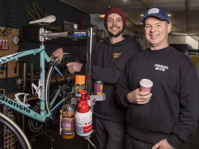 New Business PedalBite Owners Simon and Russell Waters in their bicycle workshop which has an adjoining cafe in New Town.Picture: Linda Higginson.