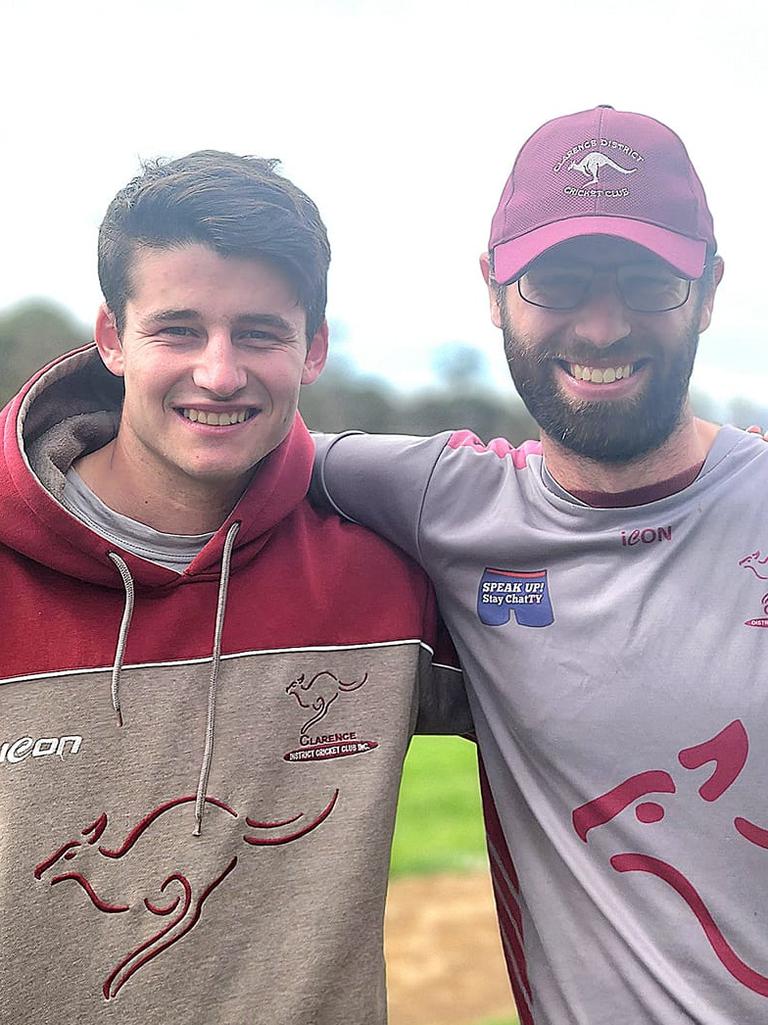 Archie Hurd (left) and Paul Potter put on a club record 445-run partnership in CTPL third grade for Clarence Cricket Club. Picture: Facebook.