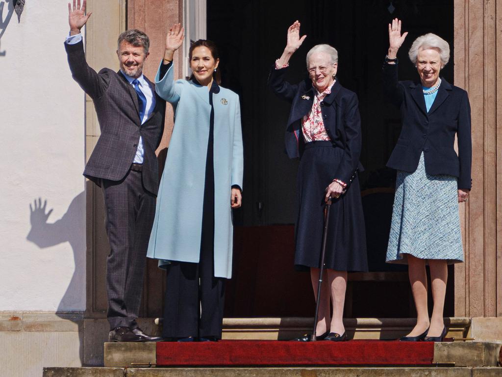 Queen Margrethe with her son, King Frederik, Queen Mary and Princess Benedikte. The 84-year-old Queen has been hospitalised after a fall. Picture: AFP