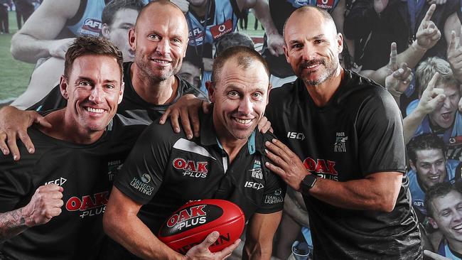 Port Adelaide’s coaching panel that has been stood down due to the COVID-19 impact on the club’s finances. Michael Wilson (holding the ball) will depart the club immediately. Picture: Sarah Reed