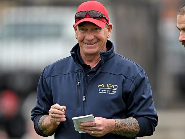 RupertswoodÃs coach Arron Bray and Dean Galea during the EDFL Deer Park v Rupertswood football match in Coburg, Saturday, Aug. 26, 2023. Picture: Andy Brownbill