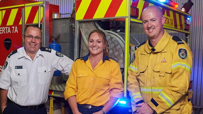 Riverina Rural Fire Service members Bradley Stewart, Nicole Stanton and Peter Bye who continue to deal with the ongoing bushfires in the Snowy Mountains and Greater Hume. Picture: AAP/Michael Frogley