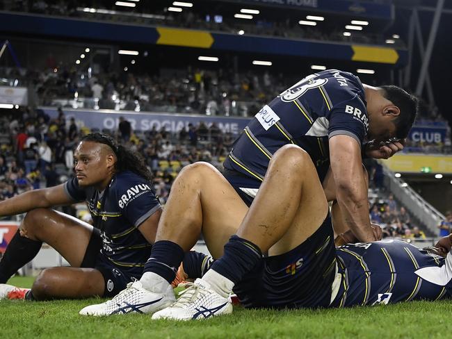 TOWNSVILLE, AUSTRALIA - SEPTEMBER 23: The Cowboys look dejected after losing the NRL Preliminary Final match between the North Queensland Cowboys and the Parramatta Eels at Queensland Country Bank Stadium on September 23, 2022 in Townsville, Australia. (Photo by Ian Hitchcock/Getty Images)