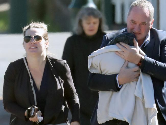 EXCLUSIVE Barnaby Joyce and Vikki Campion share a kiss before taking new baby for a walk. ONE TIME USE ONLY, NO ONSELL OR ON PASS.FEES APPLY, MUST CREDIT DIIMEX