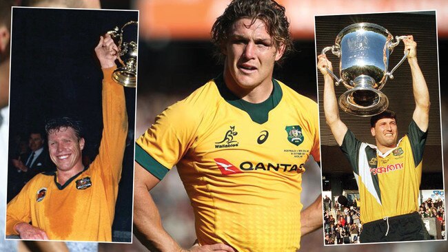 Yes … now … yuk: The dark gold jersey of Nick Farr-Jones after winning the 1991 World, Cup, left; Michael Hooper in the current jersey, centre; and John Eales lifting the Bledisloe Cup in the much-maligned 1988 version. Pictures; AFP/Getty/News Corp