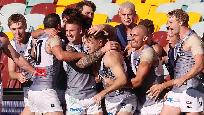 Port Adelaide players celebrate the after-the-siren win over Carlton earlier in the season. Picture: Michael Klein