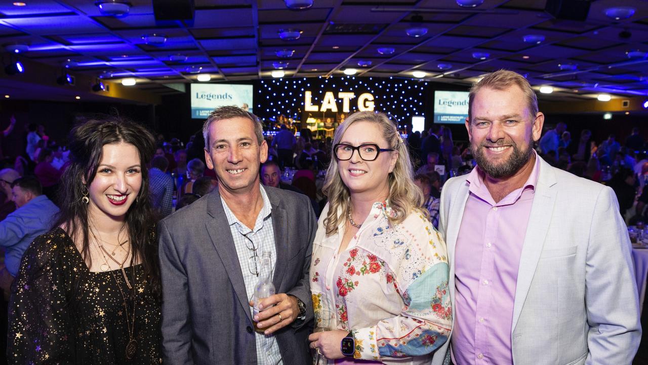 At the Legends at their Game luncheon are (from left) Libby Coghlan, David Kenneally, Sherry McDowell and Jamie Kennedy hosted by Toowoomba Hospital Foundation at Rumours International, Friday, May 5, 2023. Picture: Kevin Farmer