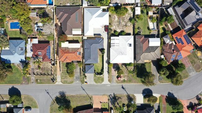 Aerial landscape view from a drone of houses in a quite suburban neighborhood in Perth western Australia.