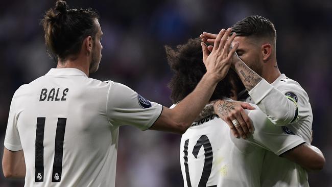 Real Madrid players celebrate during their win over Plzen. Picture: AFP
