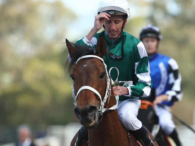 SYDNEY, AUSTRALIA - OCTOBER 07: Nash Rawiller riding Montefilia wins Race 7 Petaluma Hill Stakes during Hill Stakes Day - Sydney Racing at Rosehill Gardens on October 07, 2023 in Sydney, Australia. (Photo by Jeremy Ng/Getty Images)